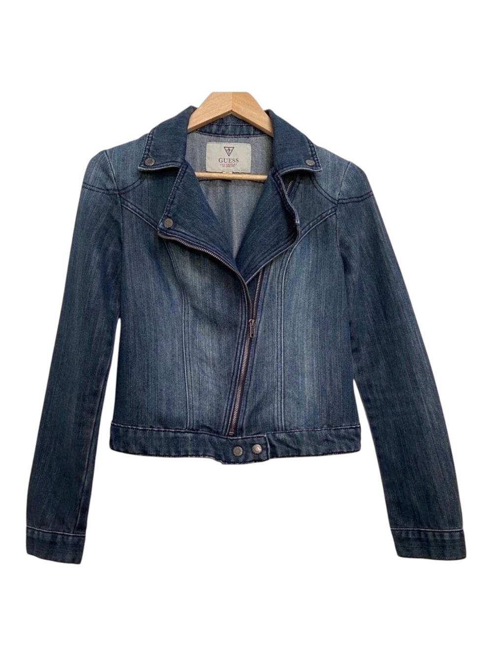GUESS jean jacket perfecto style blue zip up motorcycle bikercore coat small